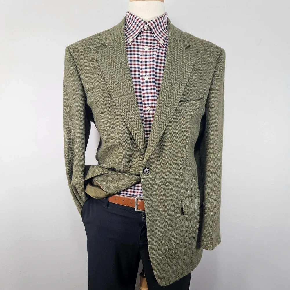 Land's End Men's Tweed Style Sport Coat Blazer Two Button Olive Wool & Lamb 41L